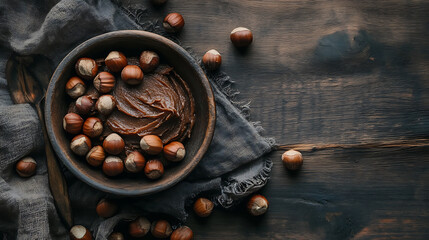 Bowl with tasty chocolate paste and hazelnuts on table