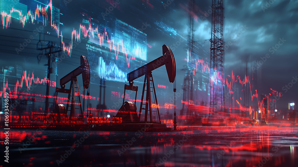 Poster Gasoline price increase concept with double exposure of digital screen with financial chart graphs and oil pumps on background