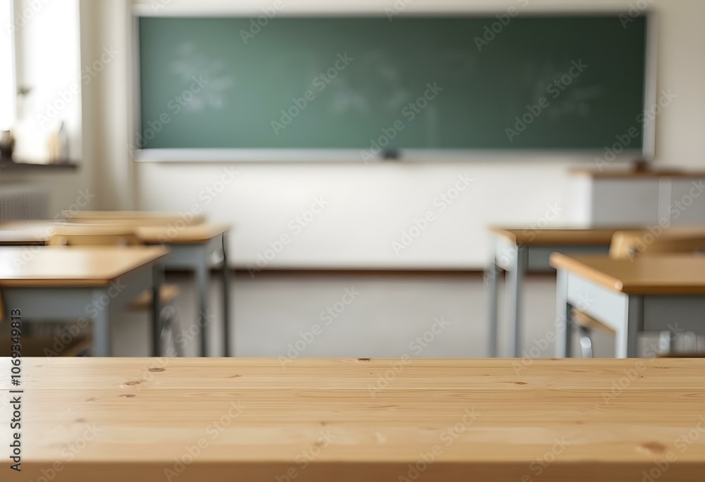 Wall mural wooden top with blurred empty classroom background can be used for mocking up or display product to 