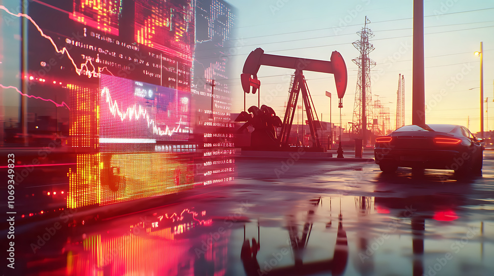 Poster gasoline price increase concept with double exposure of digital screen with financial chart graphs a