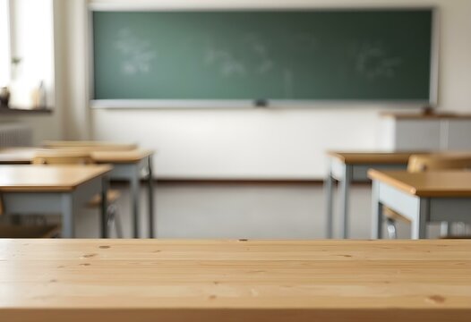 Wooden top with blurred empty classroom background can be used for mocking up or display product to make advertising.