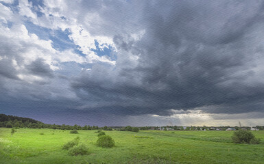 A cloudy sky with a storm brewing in the distance