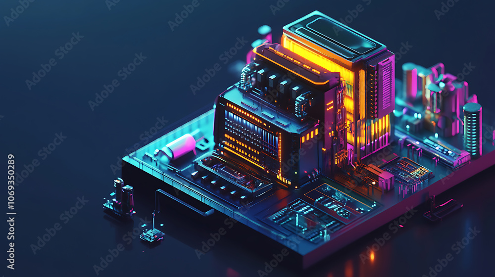 Poster industry 4,0 concept featuring an isometric smart factory building on a dark background, evoking a s