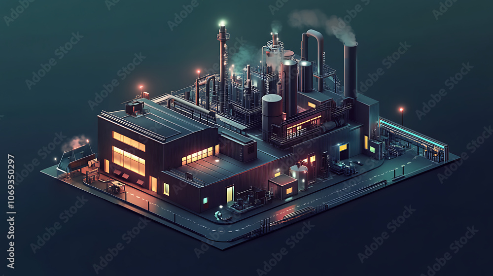 Poster industry 4,0 concept featuring an isometric smart factory building on a dark background, evoking a s