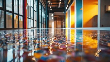 A bright room with a reflective floor and multiple windows