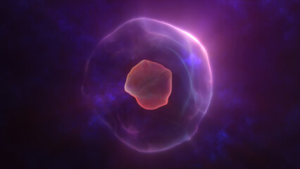 A glowing ethereal purple sphere with a soft flowing core floating against a dark mysterious background of energy mysticism, or abstract digital themes
