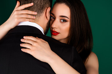 Photo portrait of classy lovely young lady gentleman couple seductive embrace dressed stylish fancy garment isolated on green background