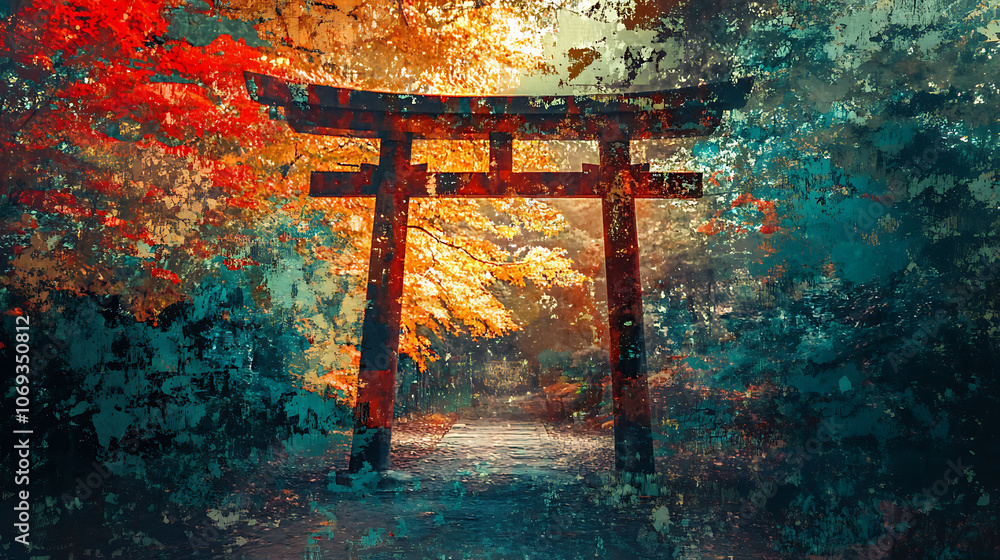 Poster abstract image of ancient torii gate, landscape in japanese style