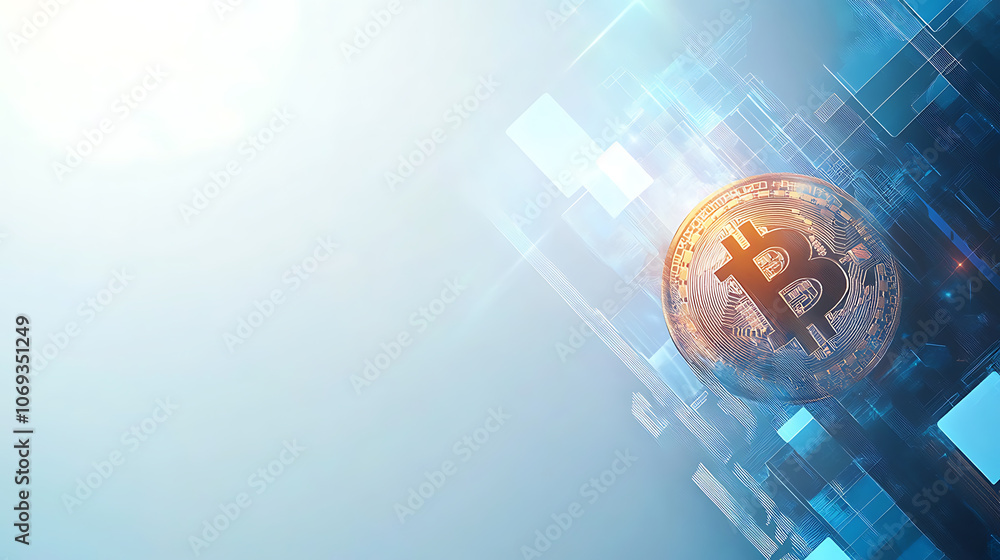 Poster bitcoin market and cryptocurrency concepts on an abstract blue-gray background