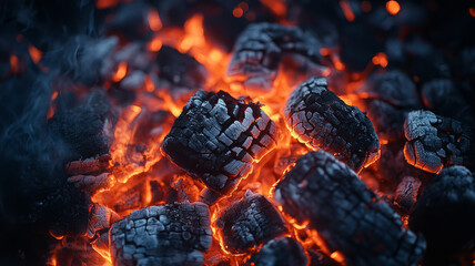 Glowing hot coals with intense orange flames - Powered by Adobe