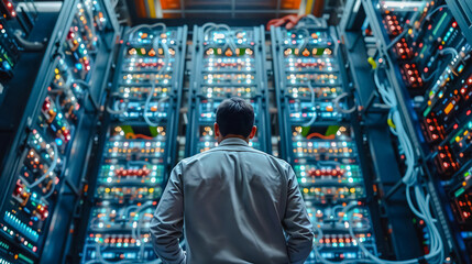 Data Center Luminary, A lone technician stands before a towering server rack, illuminated by the vibrant glow of numerous computer servers.