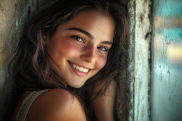 Fototapeta premium A beautiful young woman is leaning against a wall with a relaxed pose