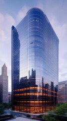 Obraz premium A striking modern building features a glass facade reflecting surrounding skyscrapers at dusk