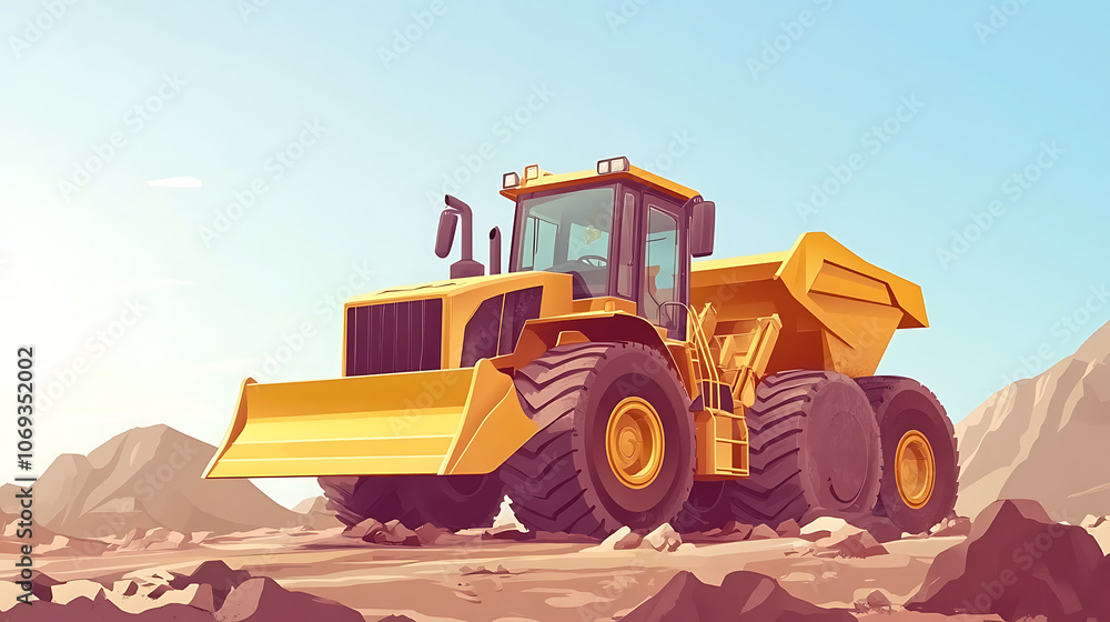 Poster powerful wheel loader or bulldozer working in a quarry or construction site, earthworks in construct