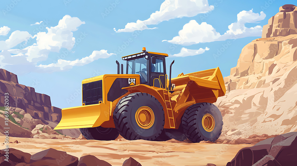 Poster powerful wheel loader or bulldozer working in a quarry or construction site, earthworks in construct