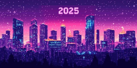 2025 pixel art banner featuring futuristic cityscape for new year celebrations
