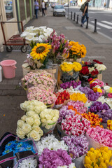 Colorful display of flowers is arranged on a table