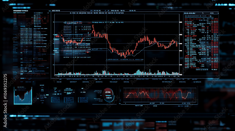 Poster screen with stock market index charts and diagrams