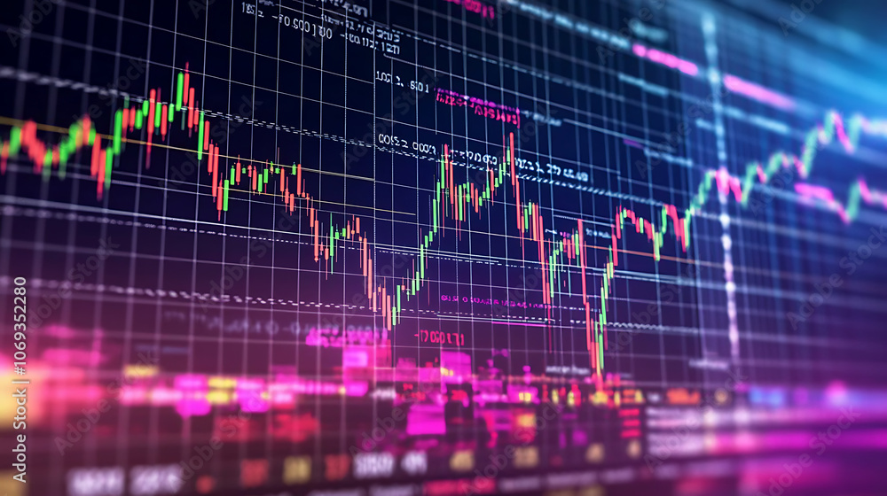 Poster screen with stock market index charts and diagrams