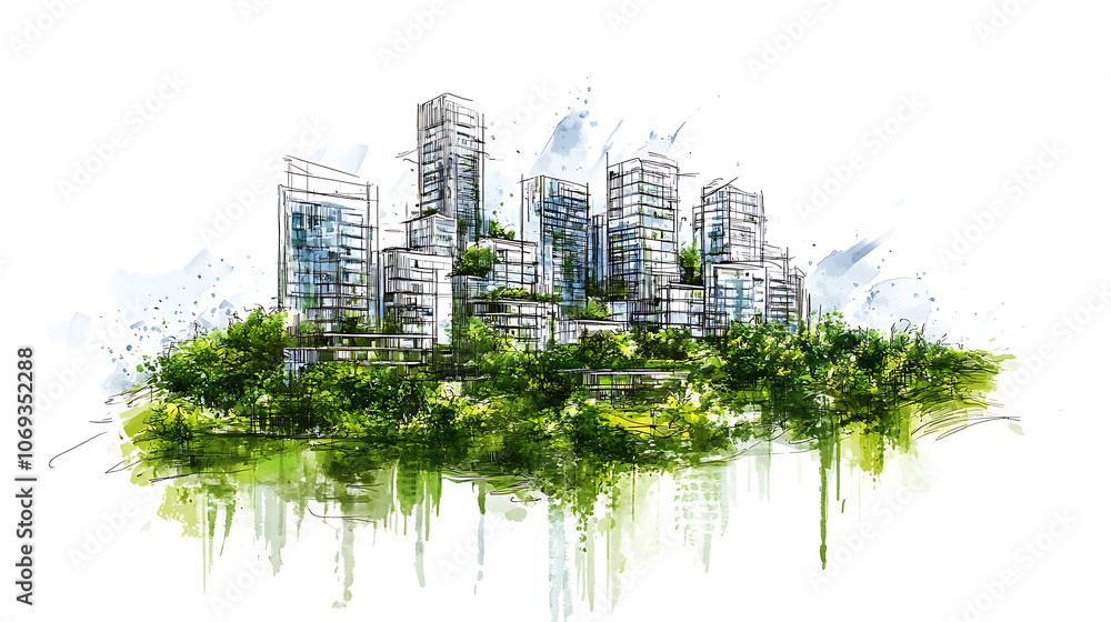 Aufkleber Sketch of a sustainable development project isolated on a white background, Green project, underlining the importance of environmental considerations in planning and architecture, Generative A