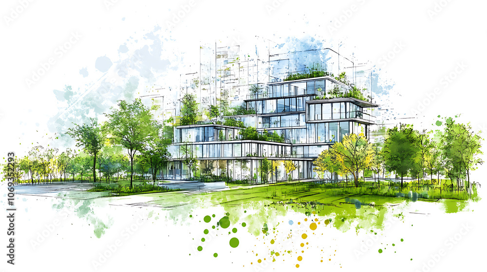 Poster Sketch of a sustainable development project isolated on a white background, Green project, underlining the importance of environmental considerations in planning and architecture, Generative A