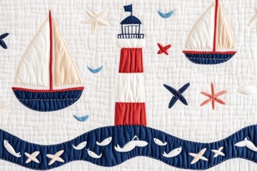 Vintage nautical pattern featuring sailboats, a lighthouse, and marine symbols on textured white fabric © Natalia