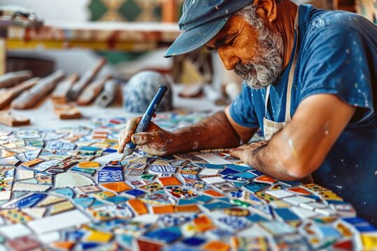 A person crafting a mosaic artwork on a table