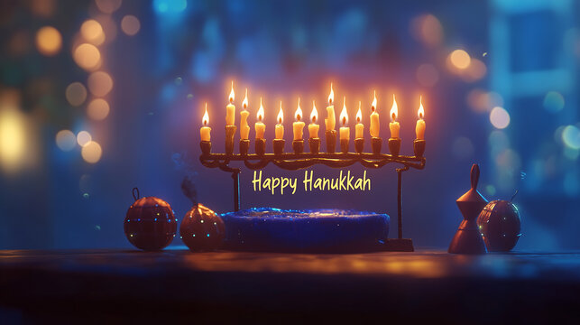 A Happy Hanukkah greeting card design with an elegant menorah at the center