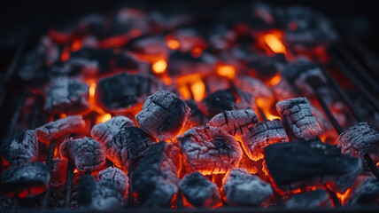 Glowing charcoal embers on a barbecue grill.
