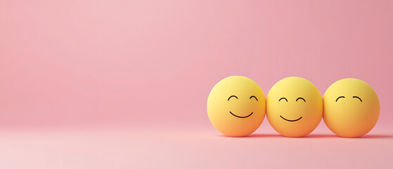 Three Smiling Yellow Emojis on Pink Background  Happiness Concept, Three Smiling Yellow Emojis on Pink Background  Happiness Concep