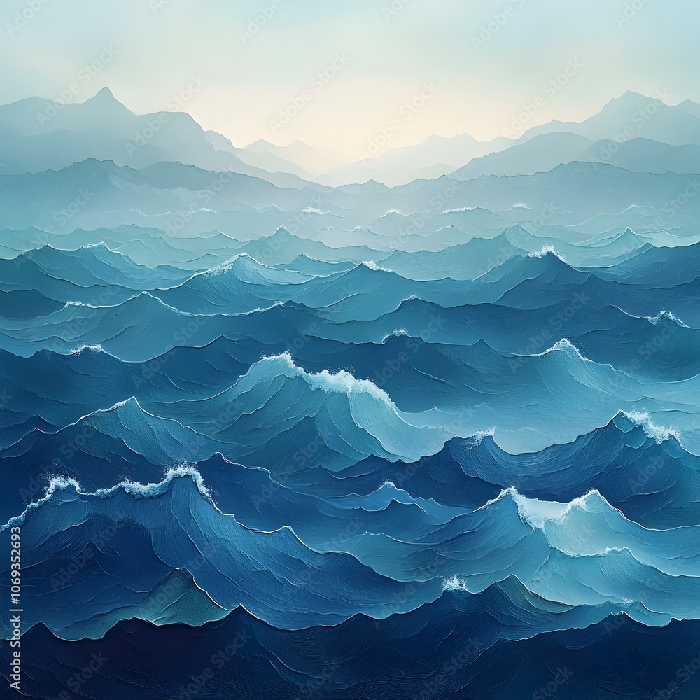 Poster a serene landscape of undulating ocean waves in varying shades of blue, creating a calming atmospher