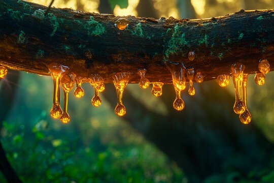 Golden droplets of resin glistening on a moss-covered tree branch at dawn. Generative AI - Powered by Adobe