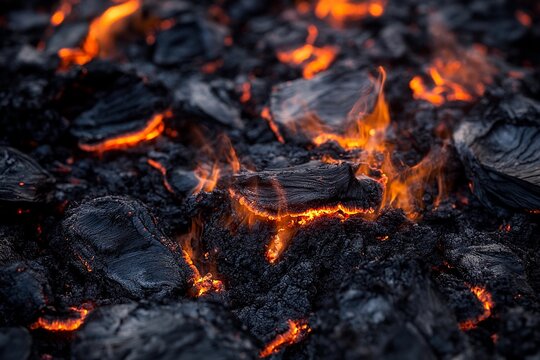 Lava flows vividly burning through ancient volcanic rocks at twilight. Generative AI