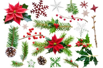 A collection of Christmas decorations on a white background
