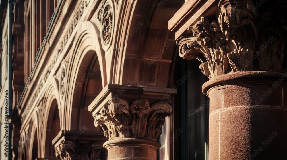 Poster a detailed view of a building with columns and a clock, perfect for use in architectural or cityscap