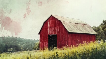 Obraz premium A rustic red barn stands in a green meadow, surrounded by wildflowers and trees