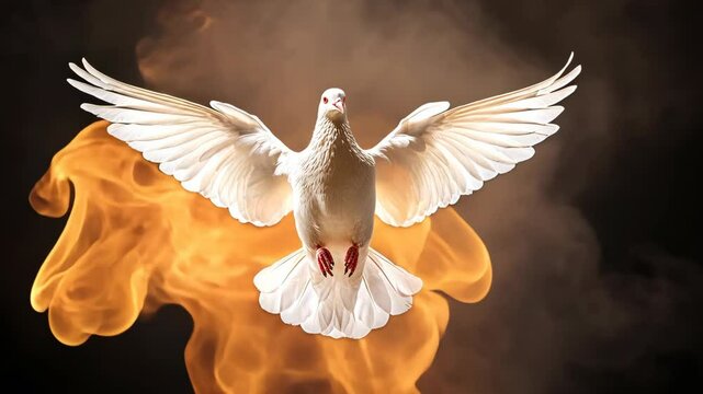 A white dove flies through a fiery orange cloud, symbolizing the Holy Spirit
