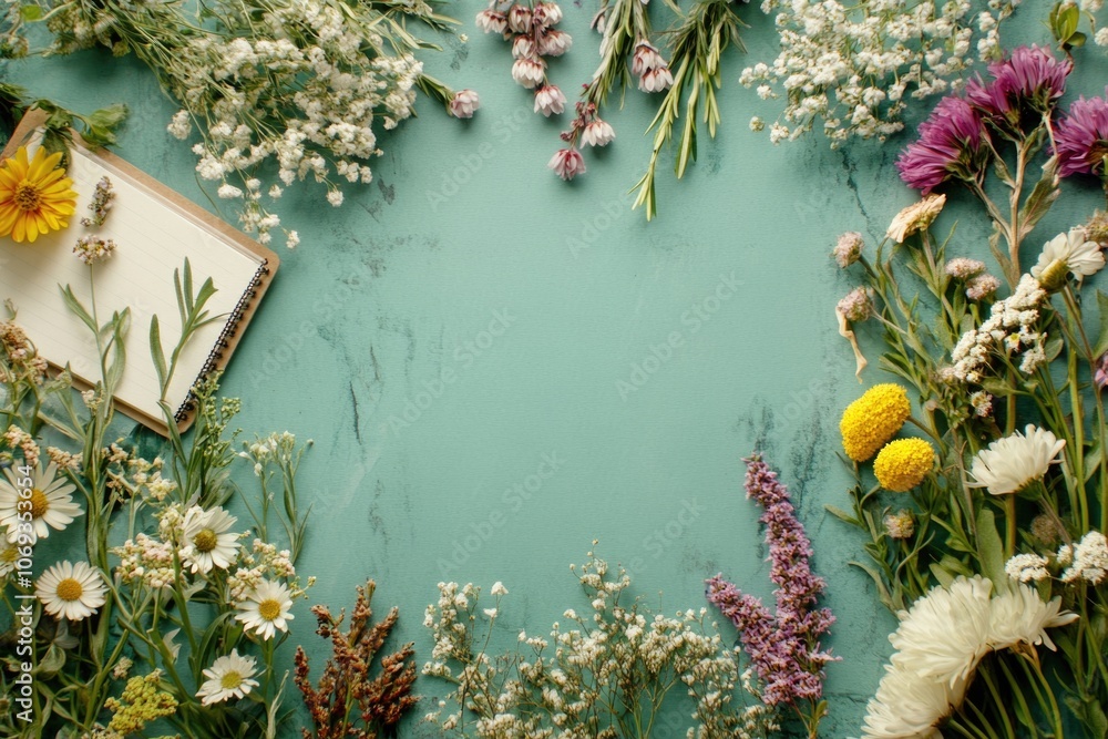 Poster a colorful display of various flowers and greenery on a table, great for editorial use or as a decor