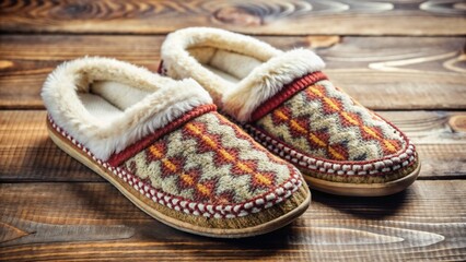 Cozy warm slippers with decorative pattern on wooden background for comfort and relaxation