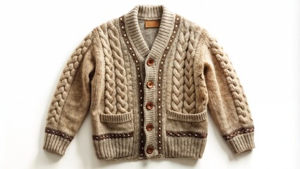 Warm wool cardigan with cable knit pattern and buttons on white background for cozy style