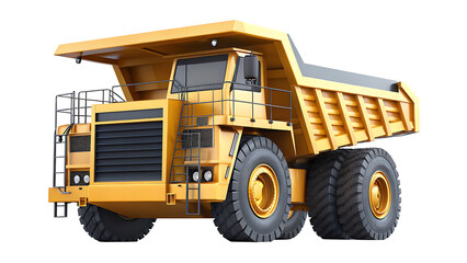 a yellow dump truck with large wheels isolated on a white background.AI GENERATED