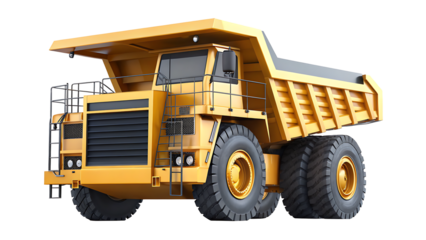 a yellow dump truck with large wheels isolated on a white background.AI GENERATED