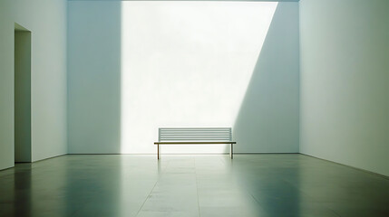 White room in a museum with a bench