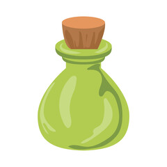 Magic green potion in flat design. Witchcraft spell bottle with cork. Vector illustration isolated.