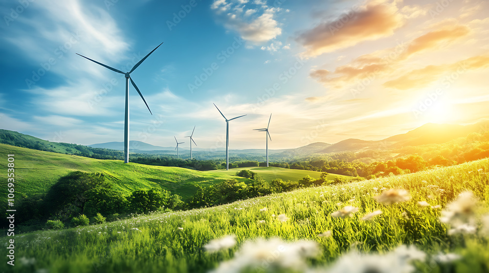 Poster wind turbine majestically standing in the green fields under a clear blue sky, exemplifying the harn