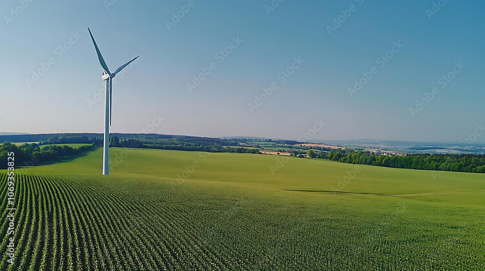 Poster wind turbine majestically standing in the green fields under a clear blue sky, exemplifying the harn