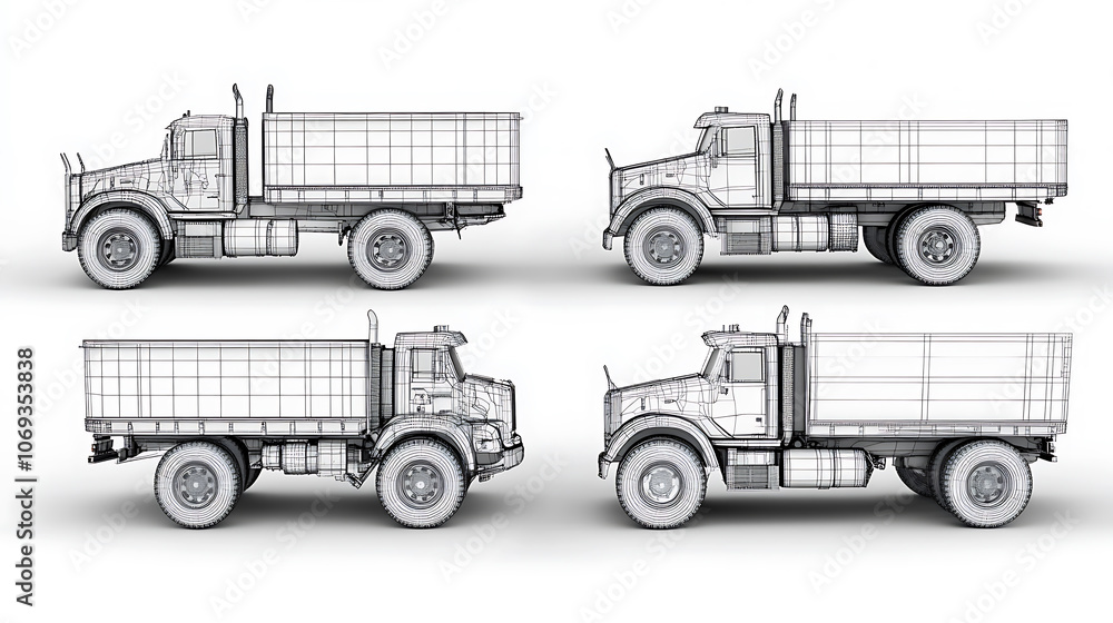 Aufkleber wireframe generic and brandless truck in four view