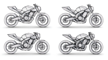 Obraz premium Wireframe generic and brandless motorbike in four view