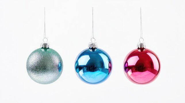 A set of three Christmas ornaments hanging from a string on a white background