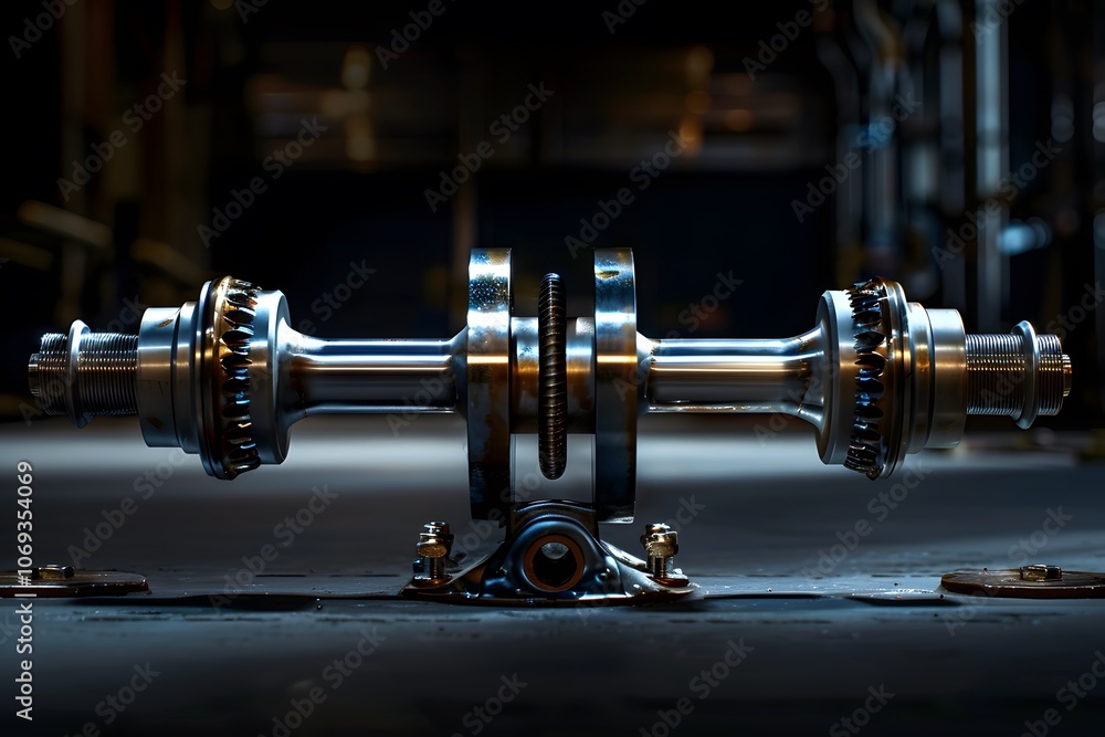 Poster close-up of a precision engine component in a dimly lit workshop
